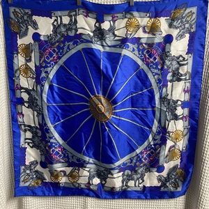 100% Silk Scarf Fashion Wheel Print With Horses. Periwinkle color